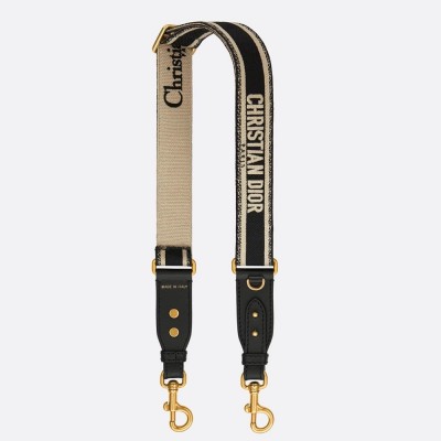 Dior Adjustable Shoulder Strap with Ring in Black Embroidery Canvas