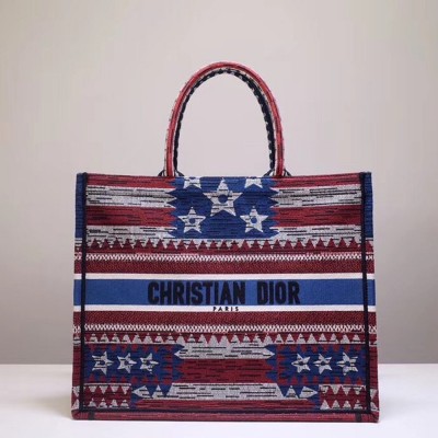 Dior Book Tote Bag In American Flag Embroidered Canvas