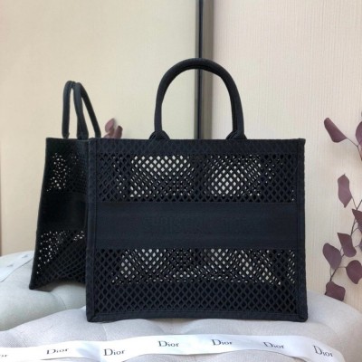 Dior Book Tote Bag In Black Mesh Embroidery