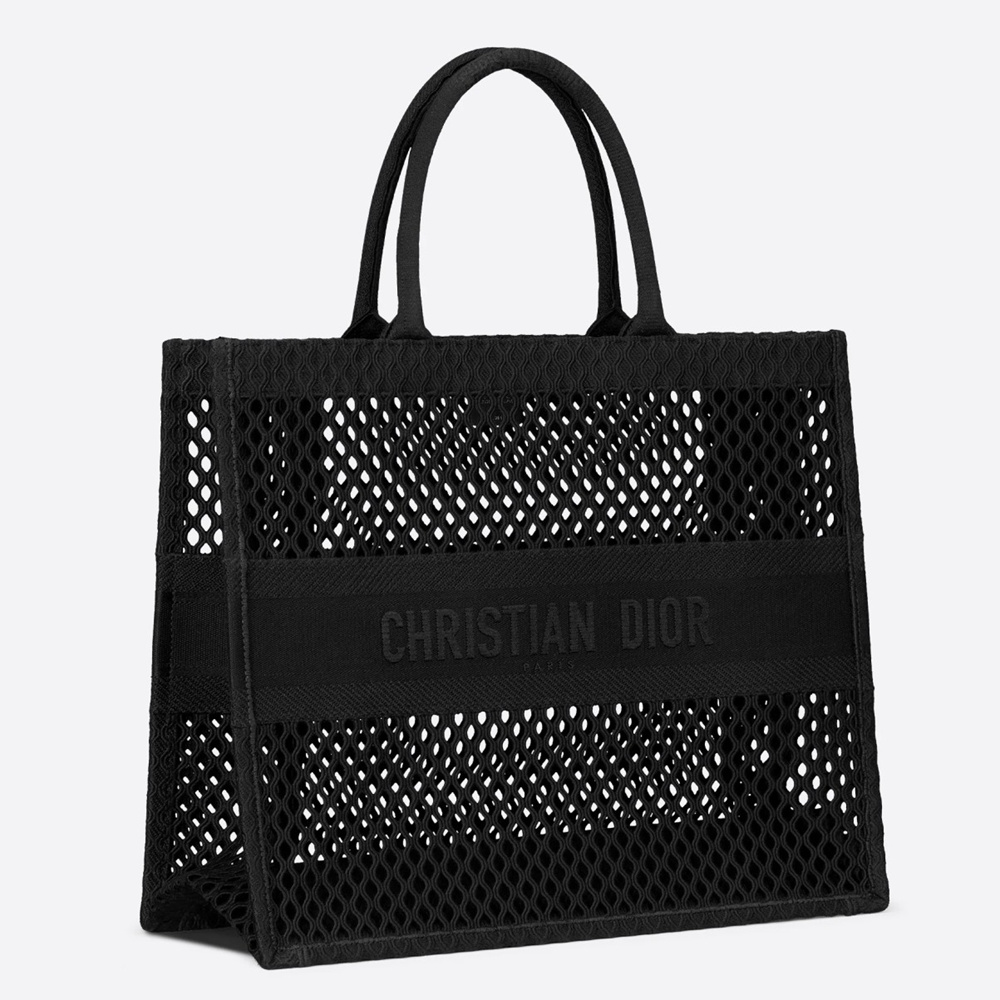 Dior Book Tote Bag In Black Mesh Embroidery