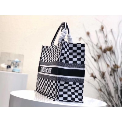 Dior Book Tote Bag In Black/White Checkered Canvas