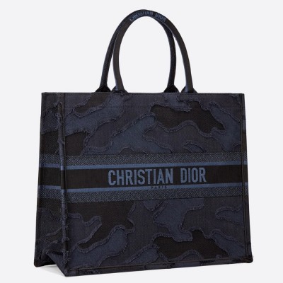 Dior Book Tote Bag In Blue Camouflage Embroidered Canvas