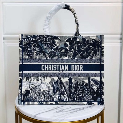 Dior Book Tote Bag In Blue Palm Tree Toile de Jouy Embroidery