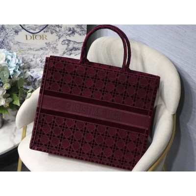 Dior Book Tote Bag In Bordeaux Cannage Embroidered Velvet