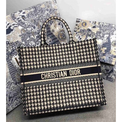 Dior Book Tote Bag In Houndstooth Embroidery Canvas