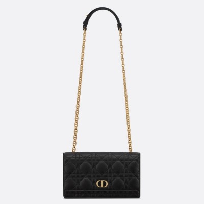 Dior Caro Belt Pouch with Chain In Black Calfskin