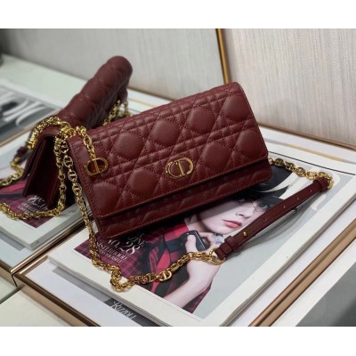 Dior Caro Belt Pouch with Chain In Bordeaux Calfskin