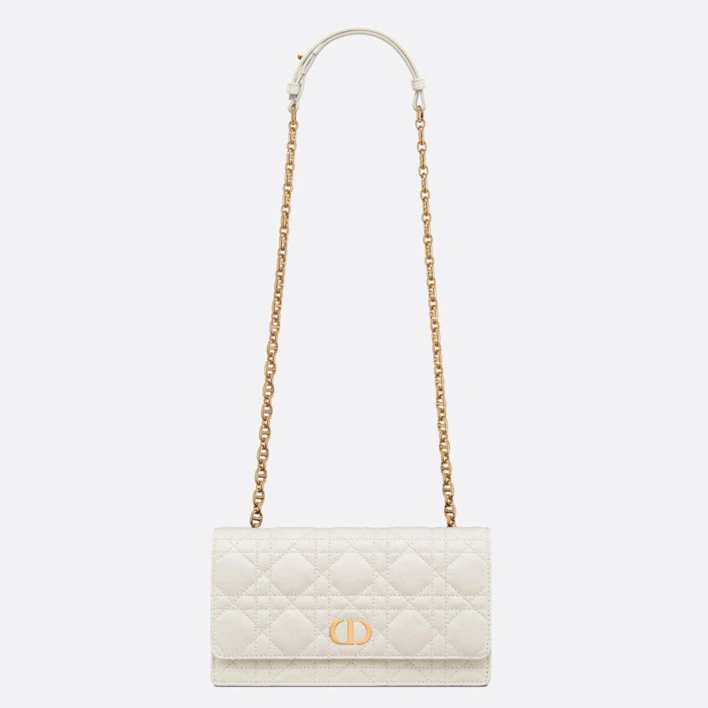 Dior Caro Belt Pouch with Chain In White Calfskin