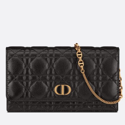 Dior Caro Chain Pouch In Black Cannage Calfskin