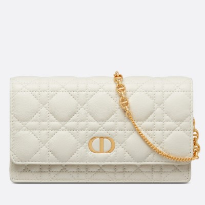 Dior Caro Chain Pouch In White Cannage Calfskin