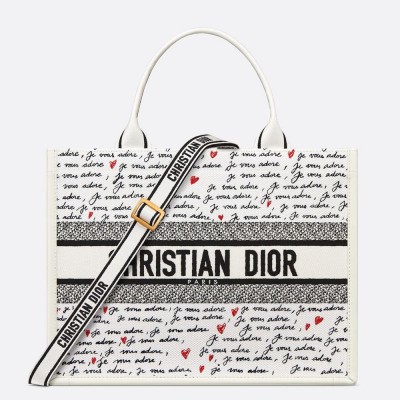 Dior Dioramour Medium Book Tote Bag with Strap in Je Vous Adore Embroidery and White Calfskin