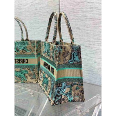 Dior Medium Dioriviera Book Tote in Raffia with Green Toile de Jouy Sauvage Embroidery