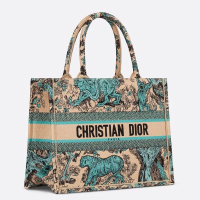 Dior Medium Dioriviera Book Tote in Raffia with Green Toile de Jouy Sauvage Embroidery