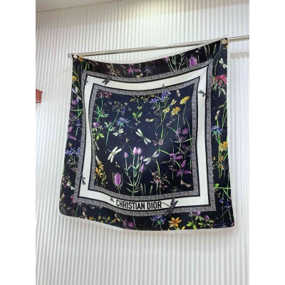 Dior Herbarium 90 Square Scarf in Black Silk Twill