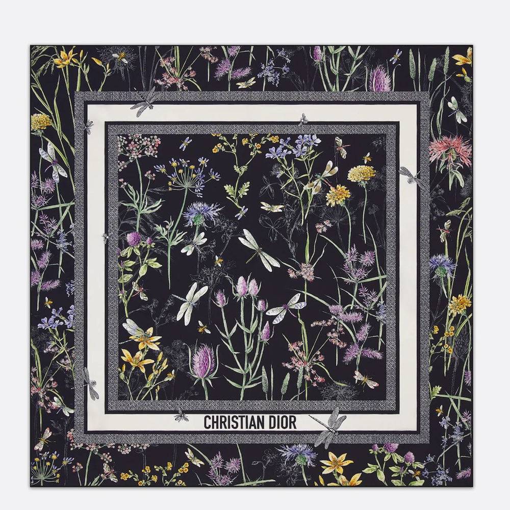 Dior Herbarium 90 Square Scarf in Black Silk Twill