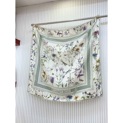 Dior Herbarium 90 Square Scarf in Green and White Silk Twill