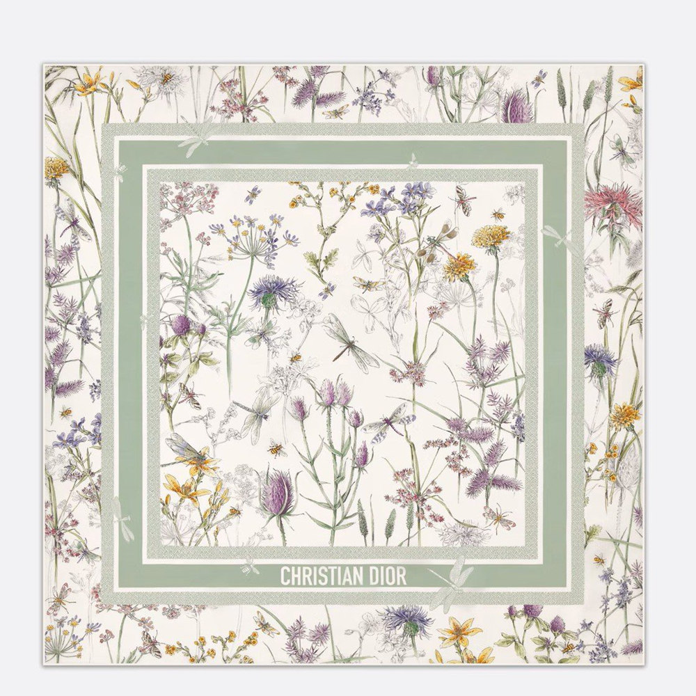 Dior Herbarium 90 Square Scarf in Green and White Silk Twill