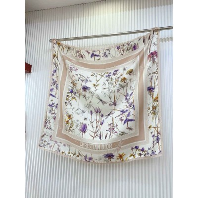 Dior Herbarium 90 Square Scarf in Pink and White Silk Twill