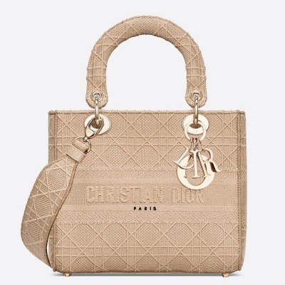 Dior Lady D-Lite Medium Bag In Beige Cannage Embroidered Canvas