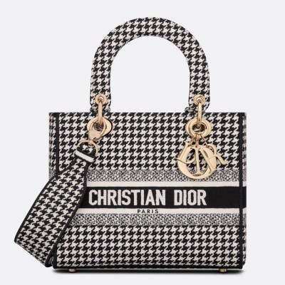 Dior Lady D-Lite Medium Bag In Black &amp; White Houndstooth Embroidery