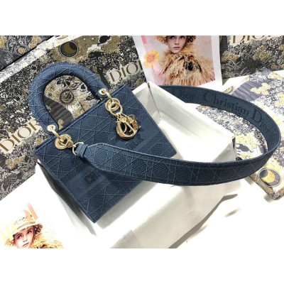 Dior Lady D-Lite Medium Bag In Blue Cannage Embroidered Canvas