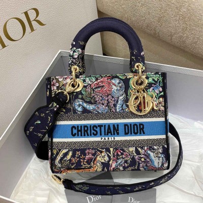 Dior Lady D-Lite Medium Bag In Blue D-Constellation Embroidery