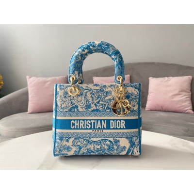 Dior Lady D-Lite Medium Bag In Blue Toile de Jouy Canvas