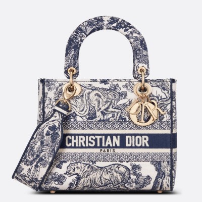 Dior Lady D-Lite Medium Bag In Blue Toile de Jouy Embroidery