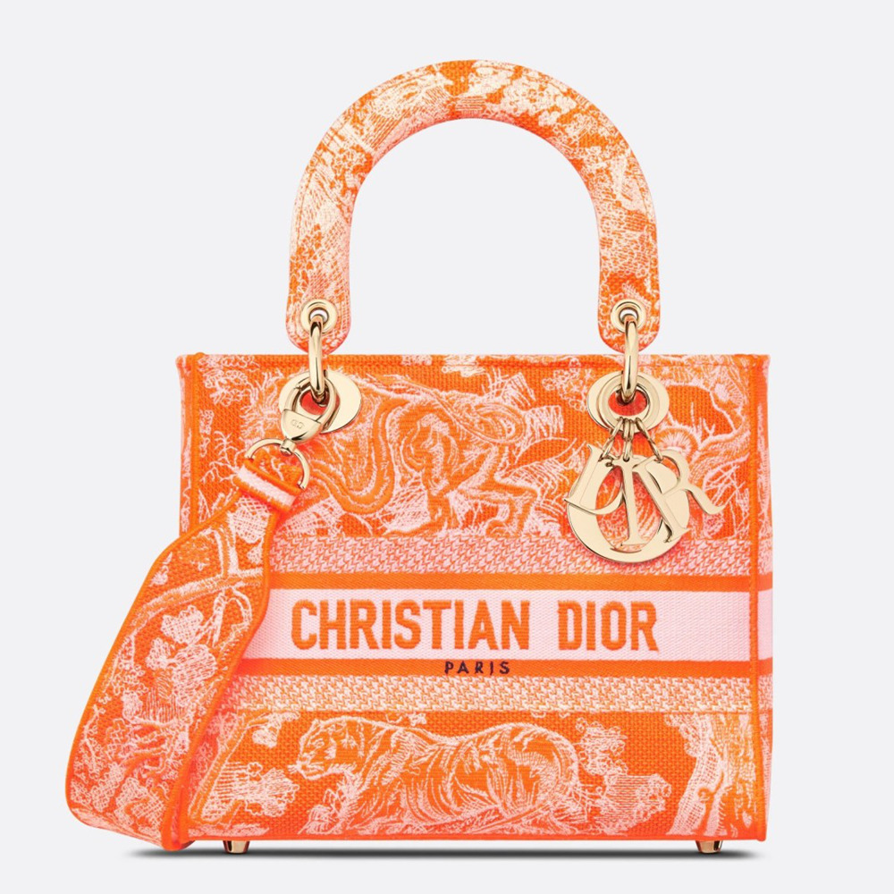 Dior Lady D-Lite Medium Bag In Fluorescent Orange Toile de Jouy Reverse Embroidery