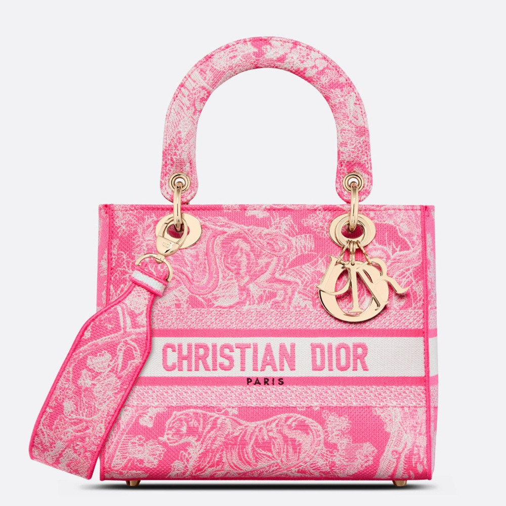 Dior Lady D-Lite Medium Bag In Fluorescent Pink Toile de Jouy Reverse Embroidery