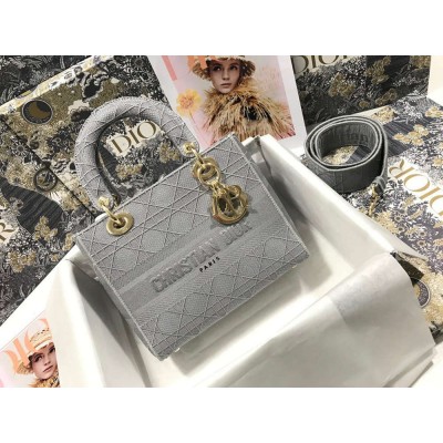 Dior Lady D-Lite Medium Bag In Grey Cannage Embroidered Canvas