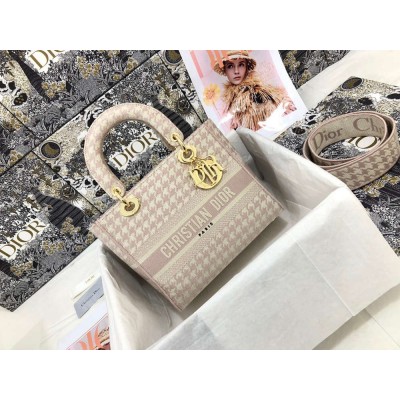 Dior Lady D-Lite Medium Bag In Pink &amp; White Houndstooth Embroidery