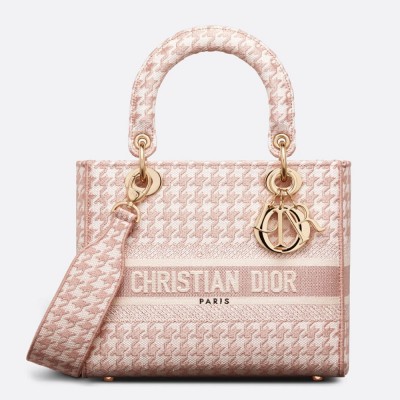 Dior Lady D-Lite Medium Bag In Pink &amp; White Houndstooth Embroidery