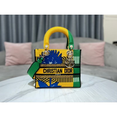 Dior Lady D-Lite Medium Bag In Yellow &amp; Green D-Flower Pop Embroidery