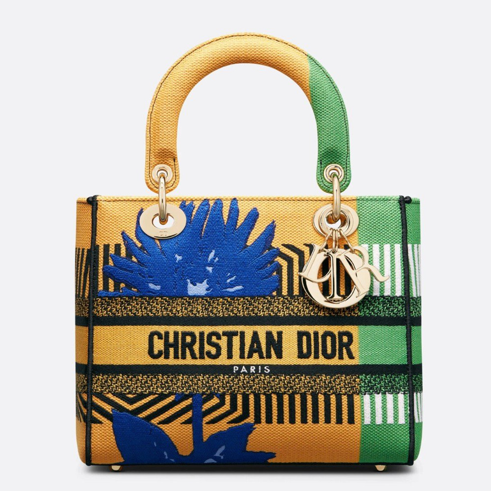 Dior Lady D-Lite Medium Bag In Yellow &amp; Green D-Flower Pop Embroidery