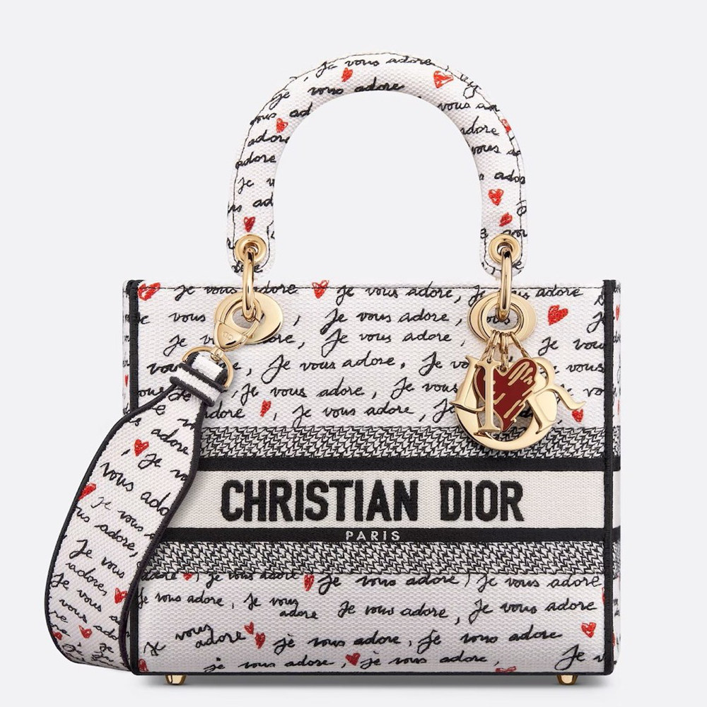 Dior Lady D-Lite Medium Bag in White and Red Je Vous Adore Motif