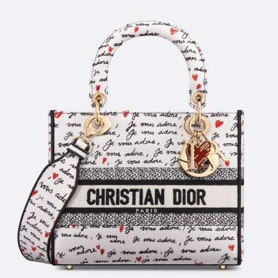 Dior Lady D-Lite Medium Bag in White and Red Je Vous Adore Motif