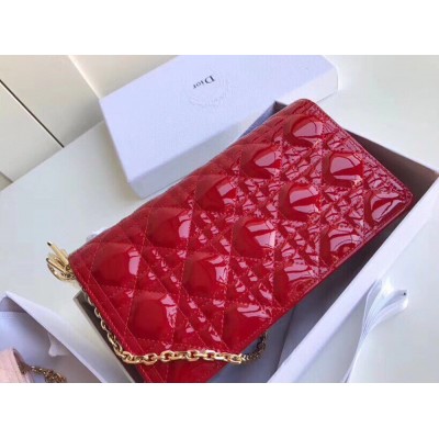 Dior Lady Dior Chain Pouch In Red Patent Cannage Calfskin