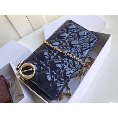 Dior Lady Dior Clutch With Chain In Indigo Blue Patent