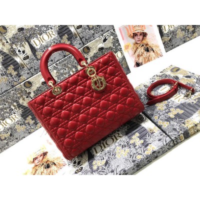 Dior Lady Dior Large Bag In Red Cannage Lambskin