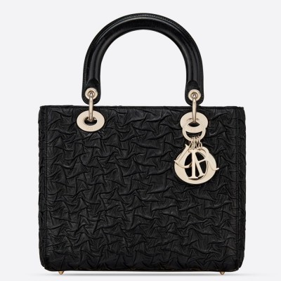 Dior Lady Dior Medium Bag In Black Wavy Crinkled Lambskin