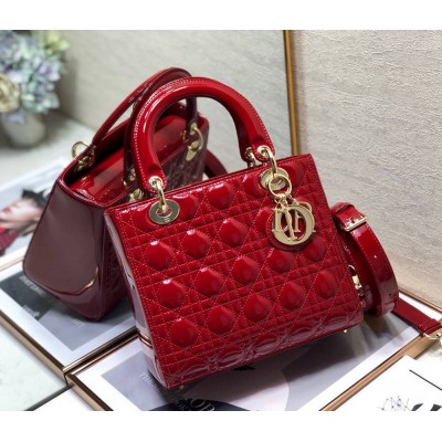 Dior Lady Dior Medium Bag In Red Patent Cannage Calfskin