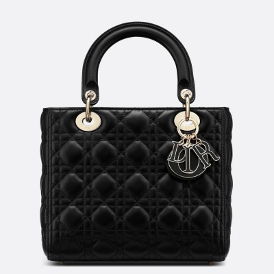 Dior Lady Dior Medium Bag in Black Lambskin with Enamel Charm