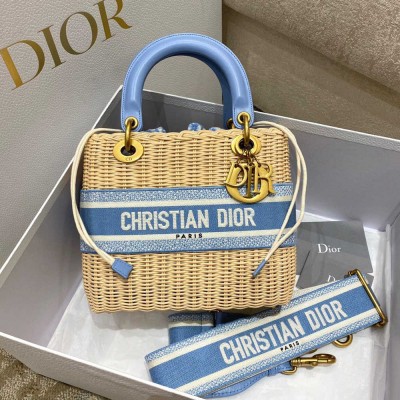 Dior Lady Dior Medium Bag in Wicker and Light Blue Oblique Jacquard