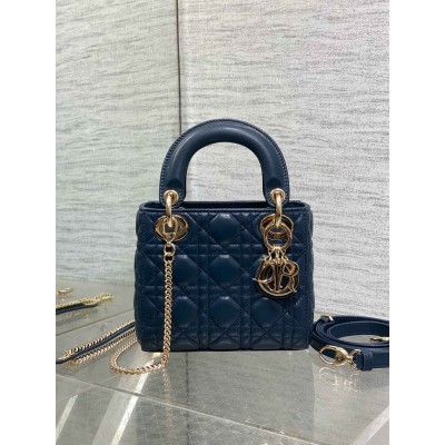 Dior Lady Dior Mini Bag with Chain in Navy Blue Cannage Lambskin