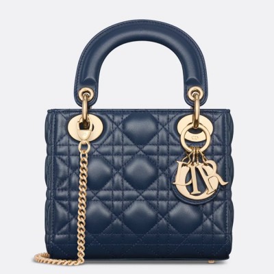 Dior Lady Dior Mini Bag with Chain in Navy Blue Cannage Lambskin