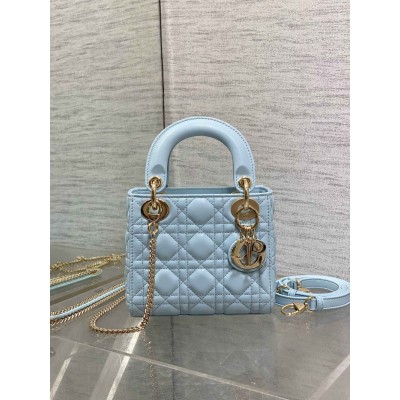 Dior Lady Dior Mini Bag with Chain in Pale Blue Cannage Lambskin