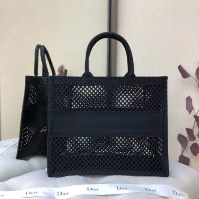 Dior Large Book Tote Bag In Black Mesh Embroidery