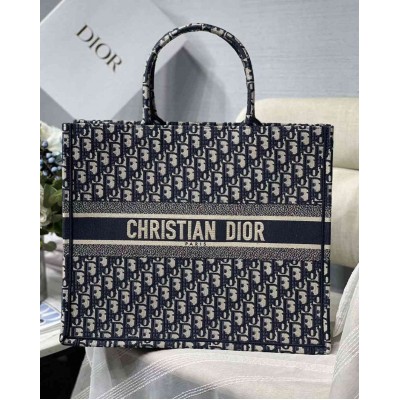 Dior Large Book Tote Bag In Blue Dior Oblique Embroidery