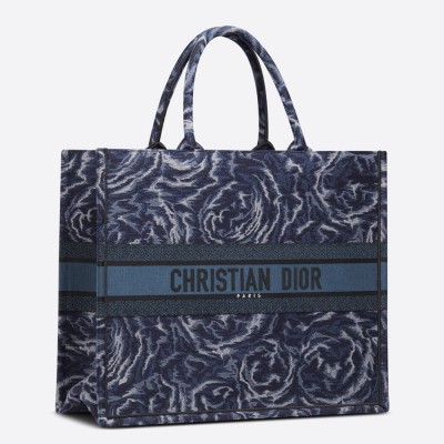 Dior Large Book Tote Bag In Blue Dior Roses Embroidery